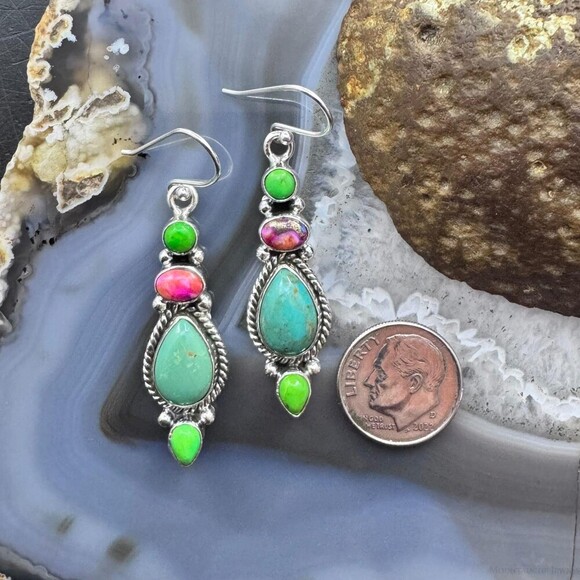 Sterling Silver Southwestern Style Multistone Dangle Earrings For Women #6 - Picture 8 of 10